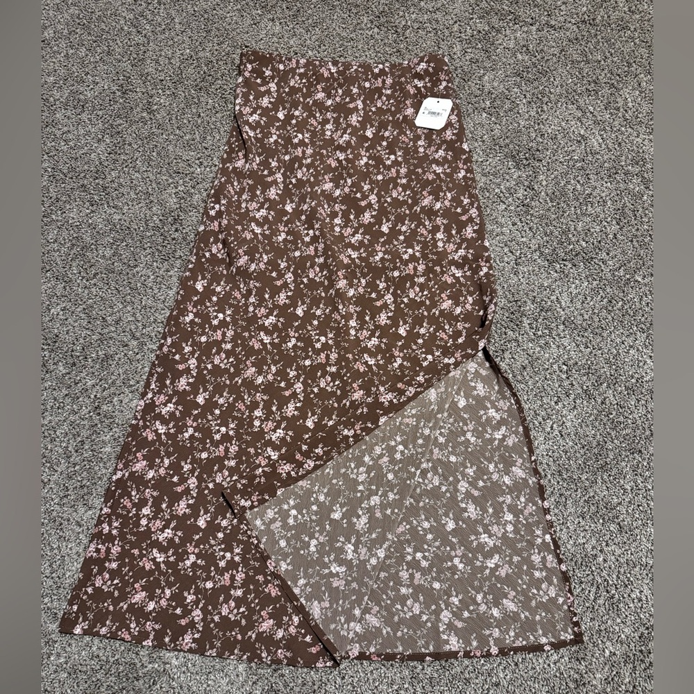 Floral print side slit midi skirt